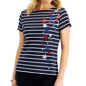 Karen Scott Women's Glitter-Star Striped Top, Intrepid Blue